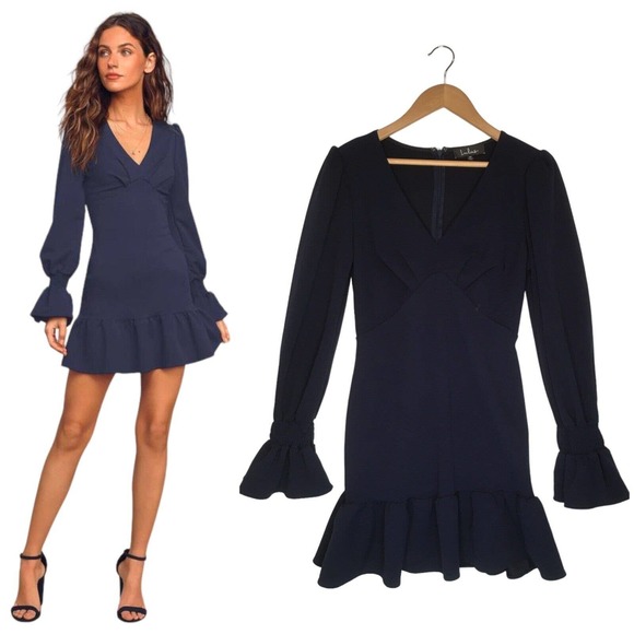 Lulus Dresses & Skirts - Lulus Womens Medium Style And Flare Ruffled Long Sleeve Mini Dress Navy Blue